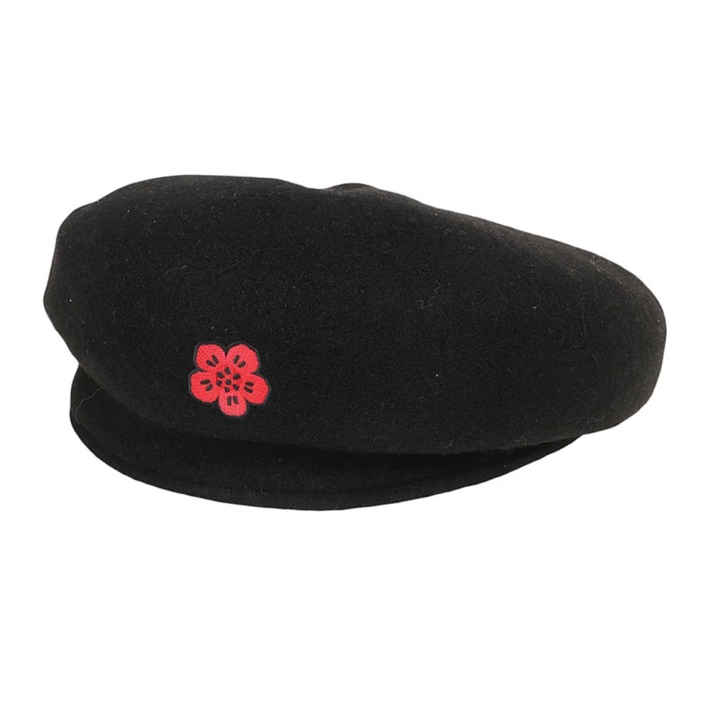 Kenzo Black Beret with Red Floral Detail